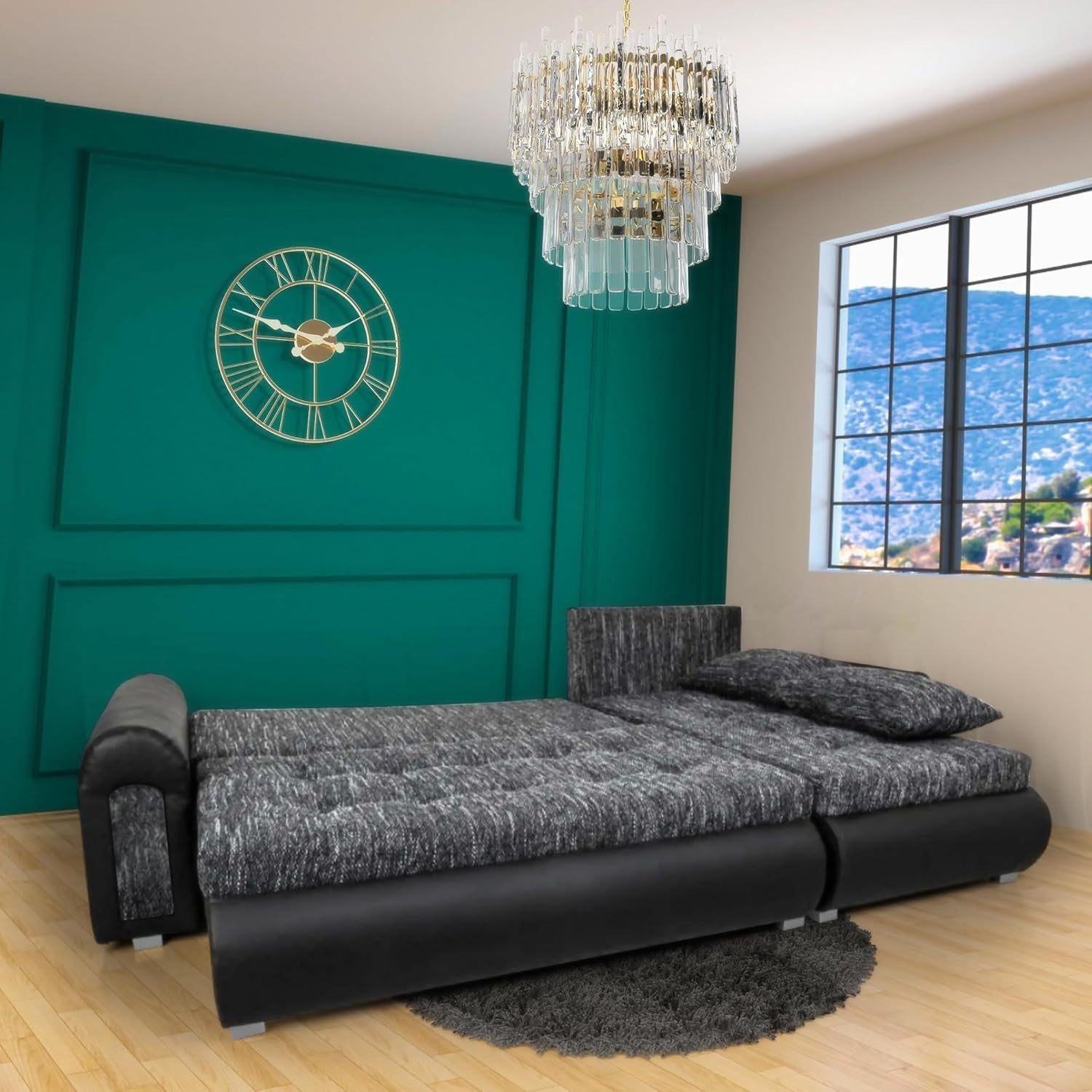 Charcoal L-Shape Velvet Sofa Bed w/ Storage & Pull-Out Sleeper 4 Seater