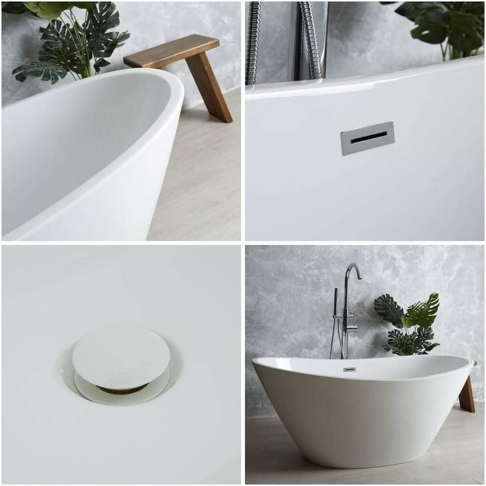 1700x750mm Freestanding Double Ended Slipper Bath White Acrylic w/ Chrome
