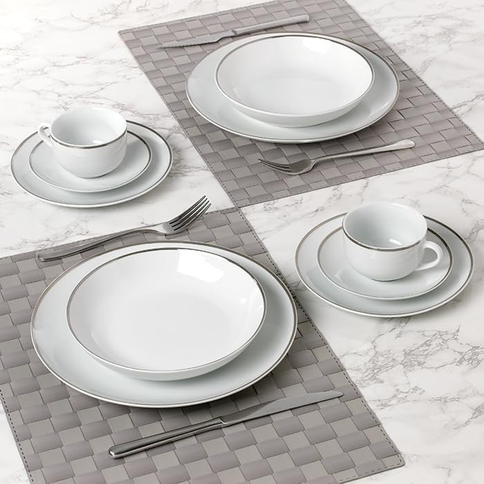 30pc Porcelain Dinnerware Set White Platinum Rim Plates Bowls Cups Service for 6