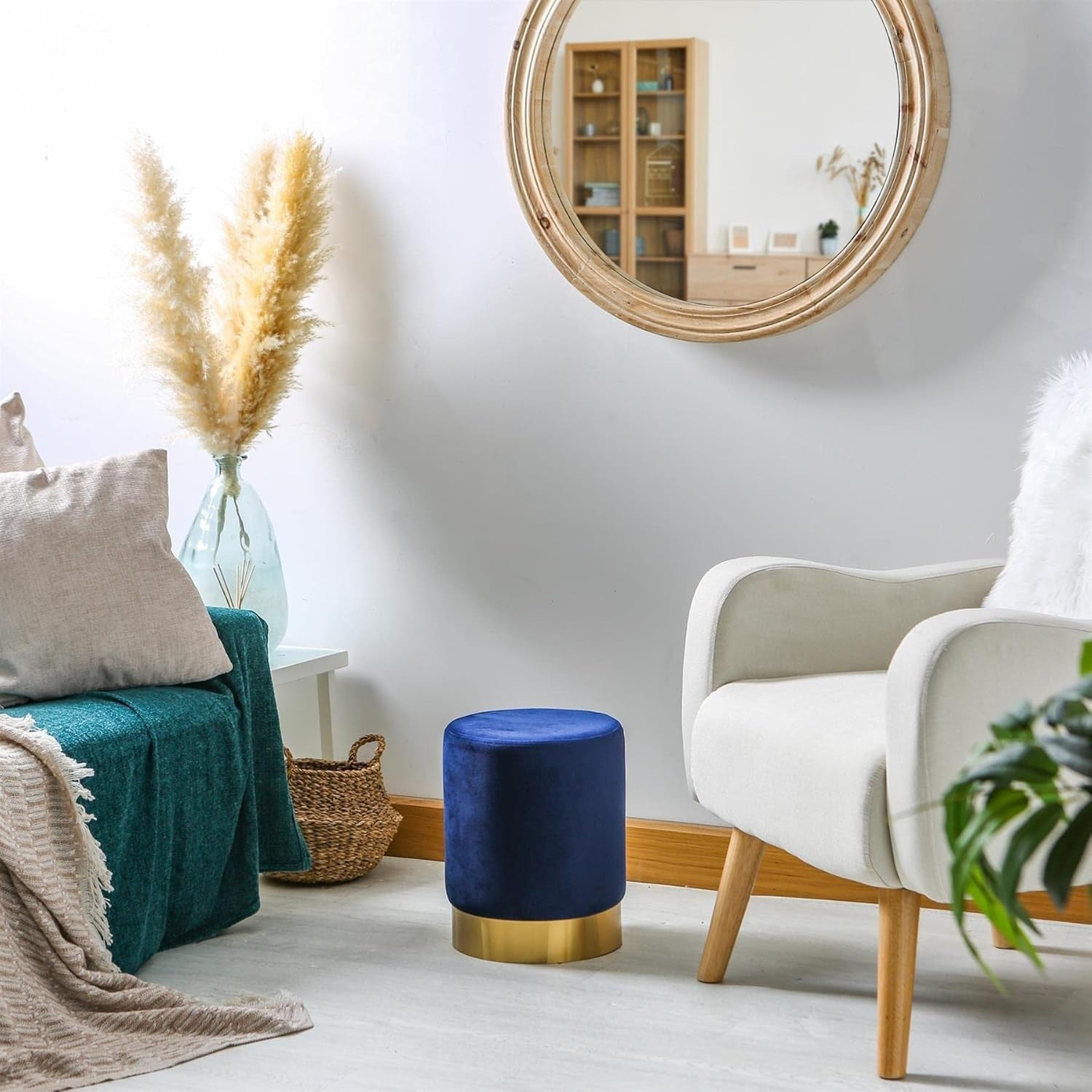 Blue Velvet Round Pouffe Footstool Modern Accent Seat Small 29x36cm