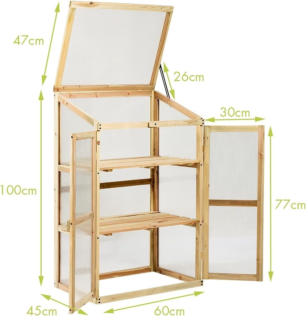 Mini Wooden Greenhouse 3-Tier Cold Frame with Doors & Skylight 60x45x100cm