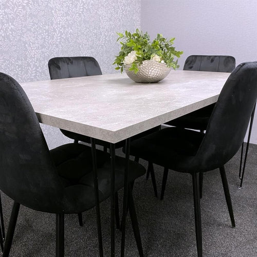 Grey Dining Table Set with 4 Black Velvet Chairs – Hairpin Legs 4 Seater