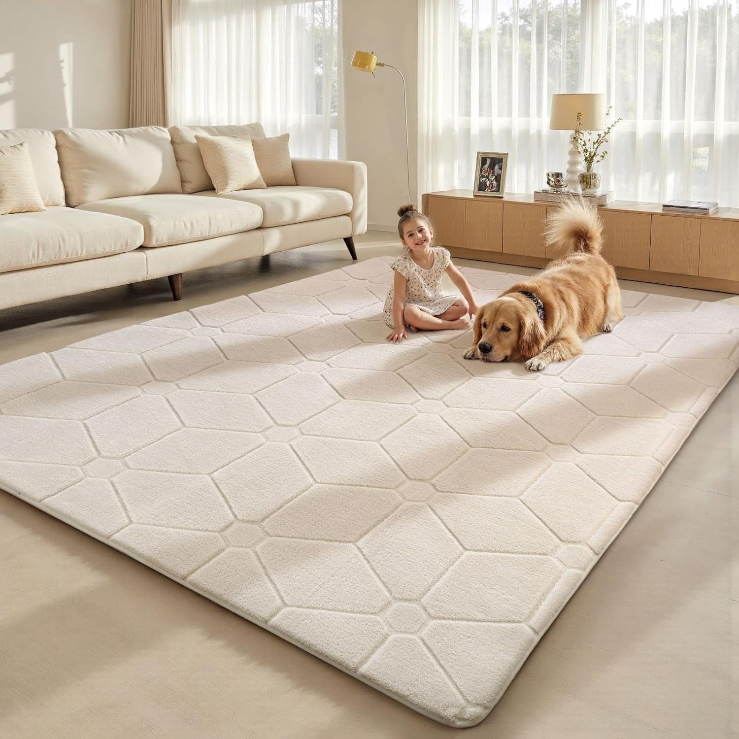 Cream Area Rug 120x170cm Short Pile Washable Anti Slip Living Room Bedroom