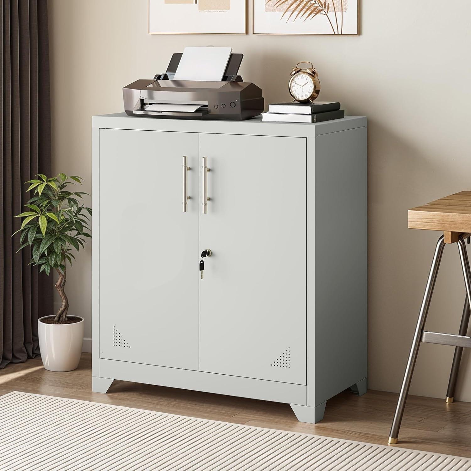 Lockable Metal Office Storage Cabinet with 2 Adjustable Shelves, 80x40x90cm