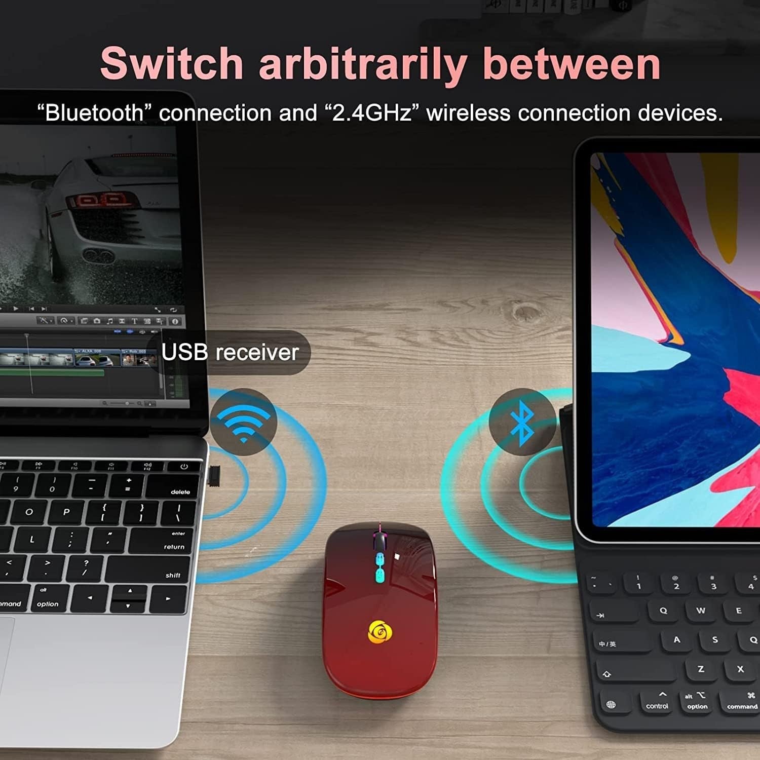 Wireless Bluetooth Mouse Rechargeable Silent RGB Type-C Red
