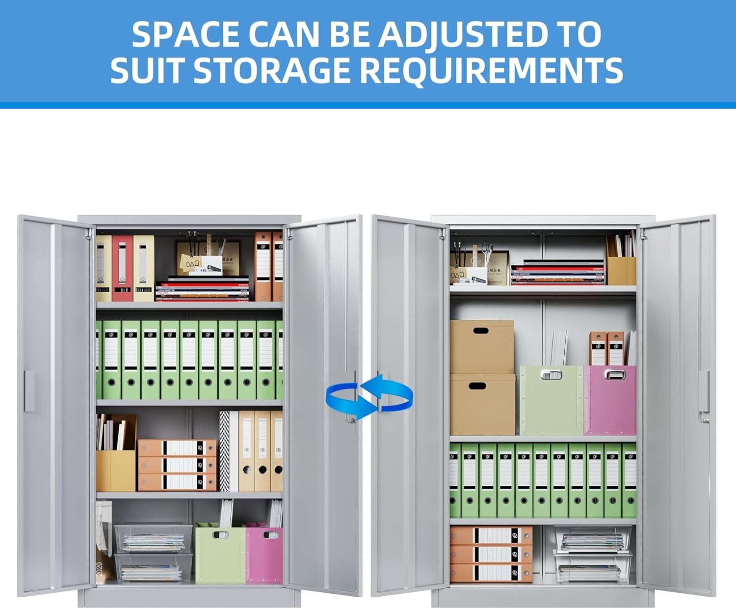 Lockable Metal Storage Cabinet 2 Doors 3 Adjustable Shelves 140x80x40cm