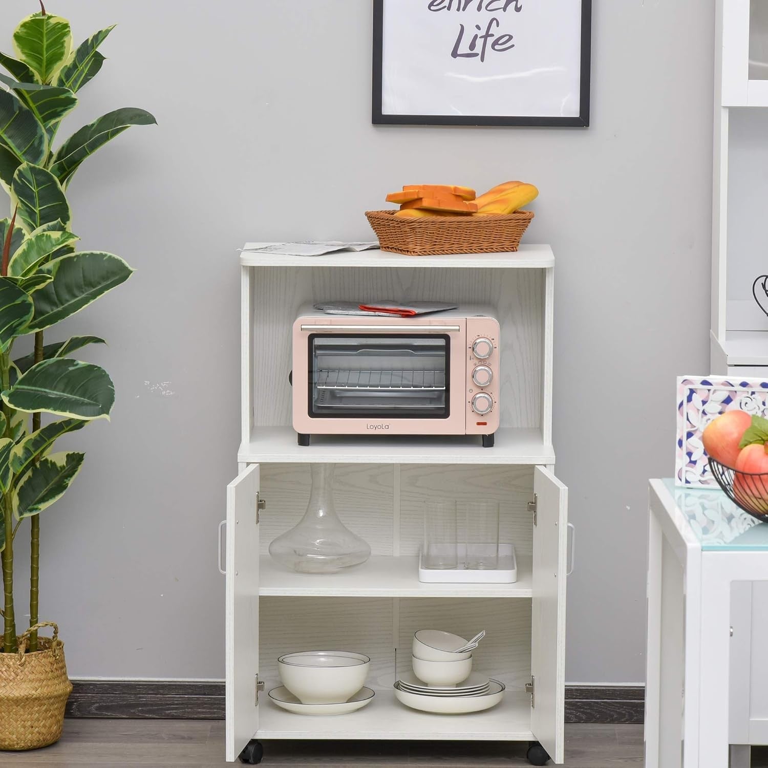 Rolling Kitchen Storage Cabinet on Wheels with Cupboard Shelf & Appliance Stand