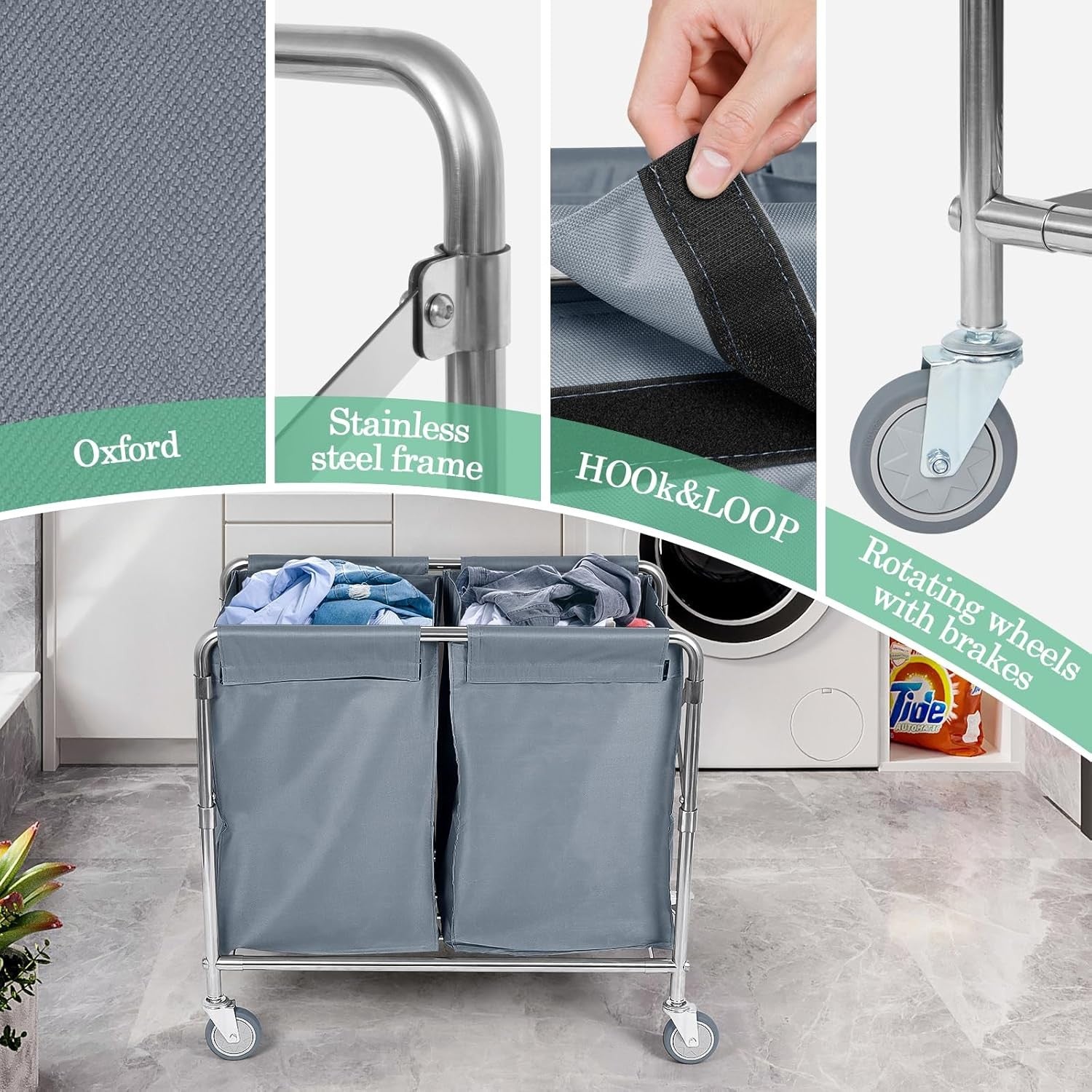 300L Heavy Duty 2-Section Laundry Trolley on Wheels | Commercial Folding Laundry