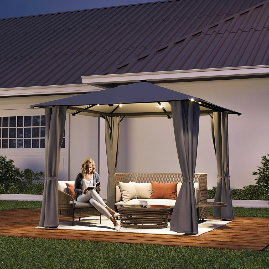 3x3M Metal Gazebo With Solar LED Lights & Curtains Outdoor Garden Patio Canopy