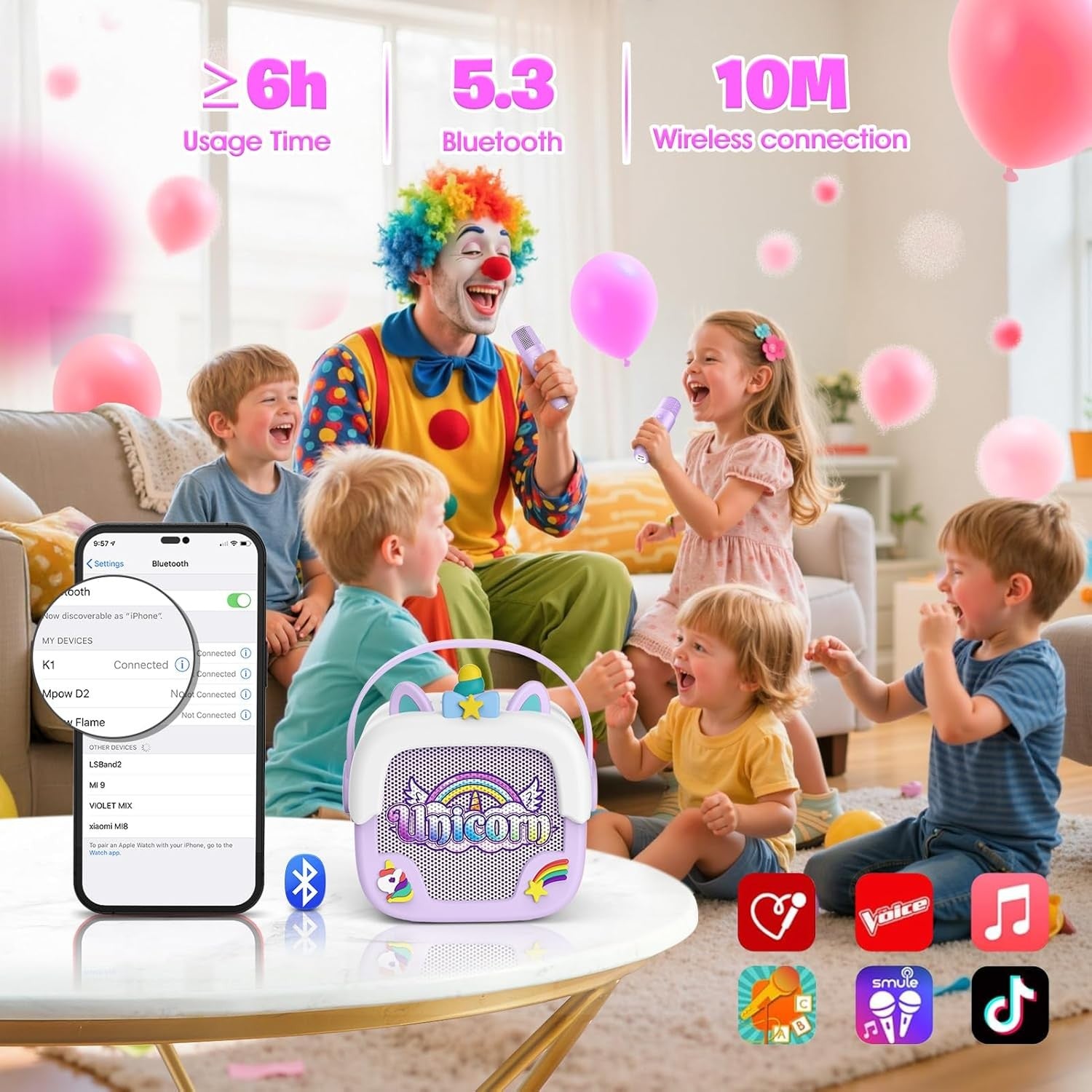 Purple Unicorn Kids Karaoke Machine with Mic Bluetooth