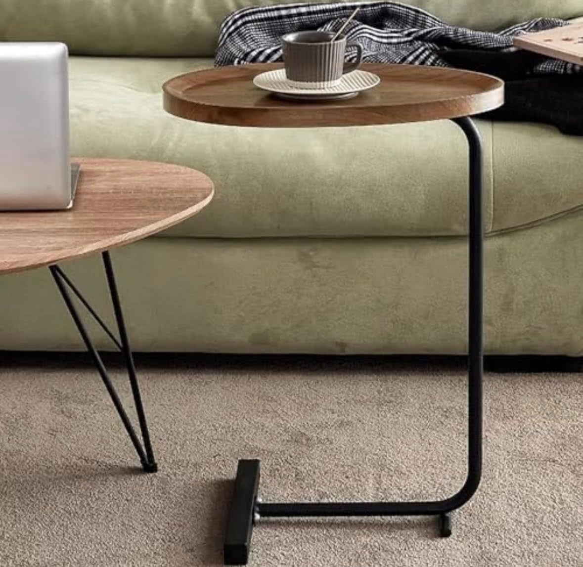 C-Shaped Sofa Side Table Wooden Top Black Metal Frame Compact 40x30x65cm