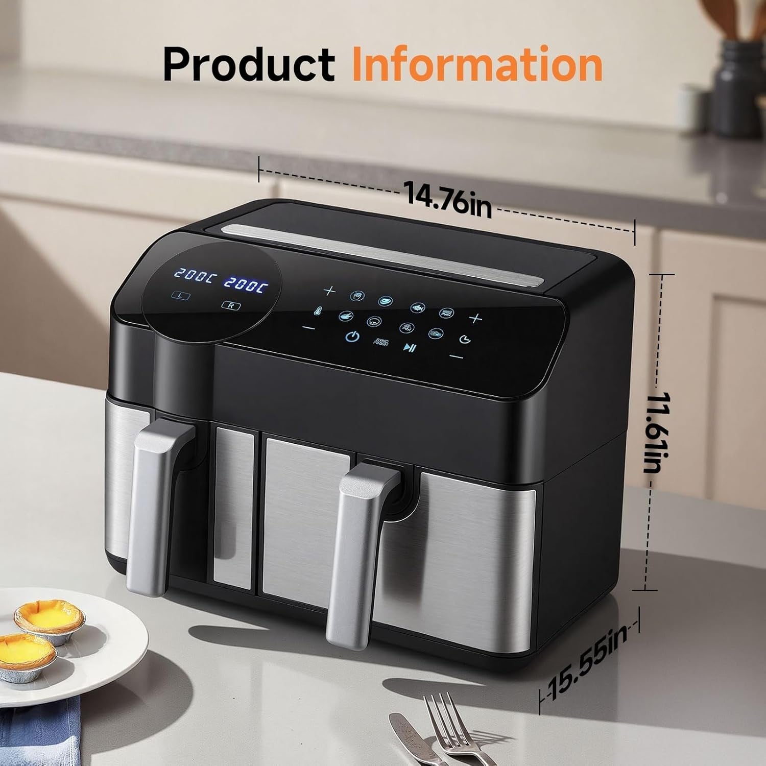 Dual Zone Air Fryer 9.5L 2 Drawers, 8-in-1 Presets, RapidAir 2400W, Touch Screen