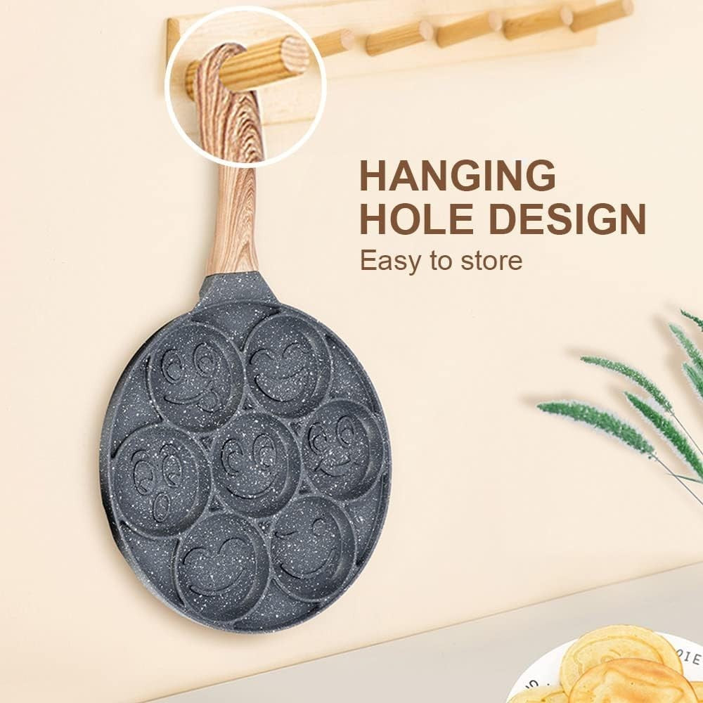 Smiley Face Pancake Pan 26cm Non Stick 7 Hole Mini Pancake Maker Induction Black
