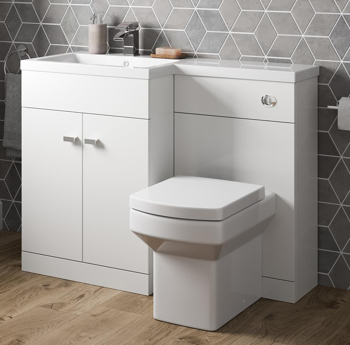 1100mm L Shape Bathroom Vanity Unit with Basin & Toilet Left Hand Gloss White