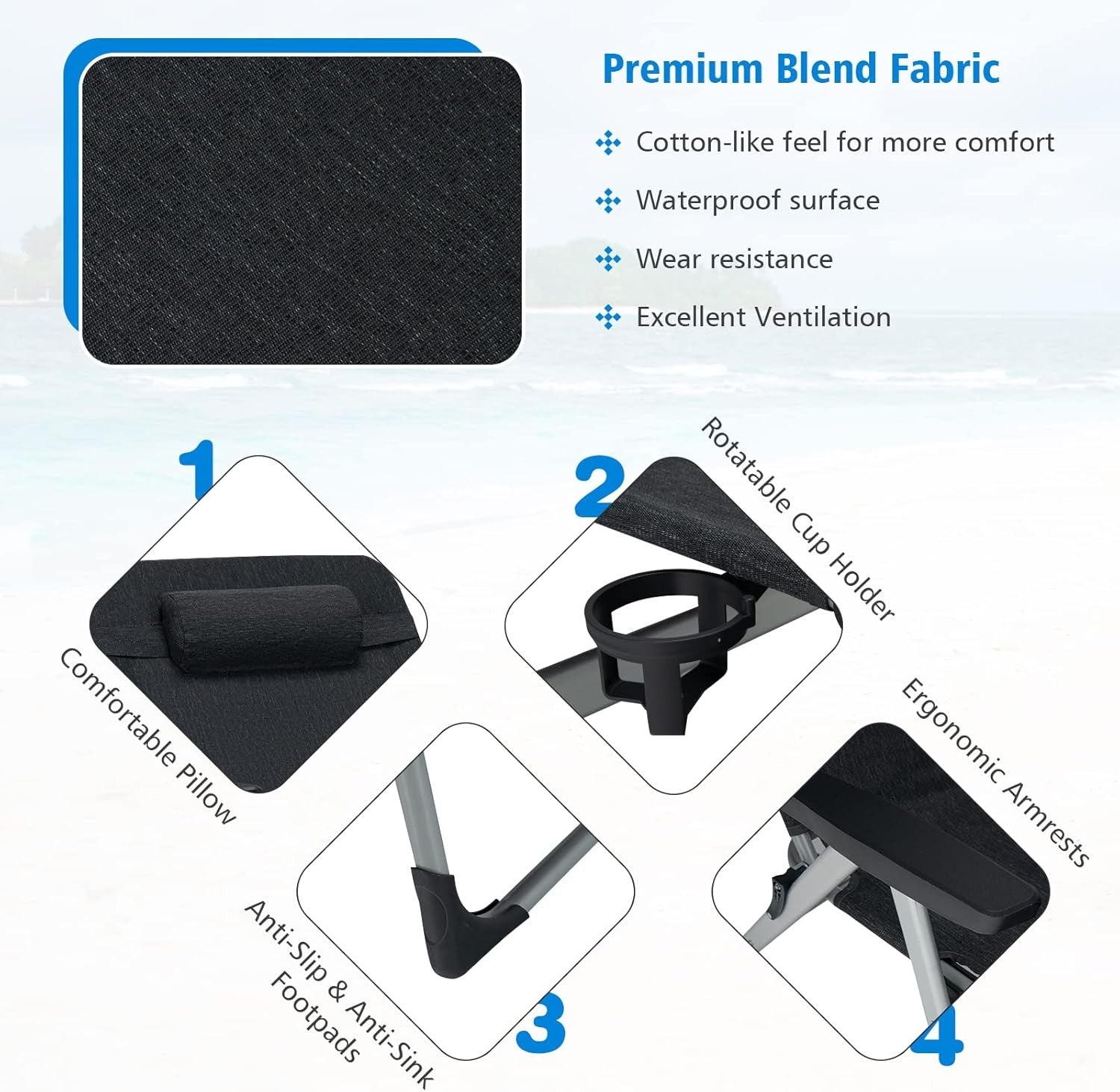 Folding Sun Lounger 7 Position Reclining Chair Cup Holder Black
