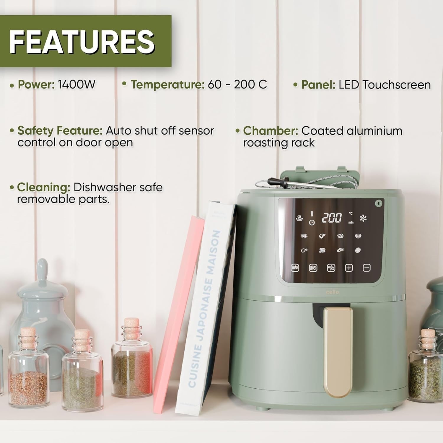 4L Green Digital Air Fryer 1400W | ProChef Thermometer | 8 Presets | Compact
