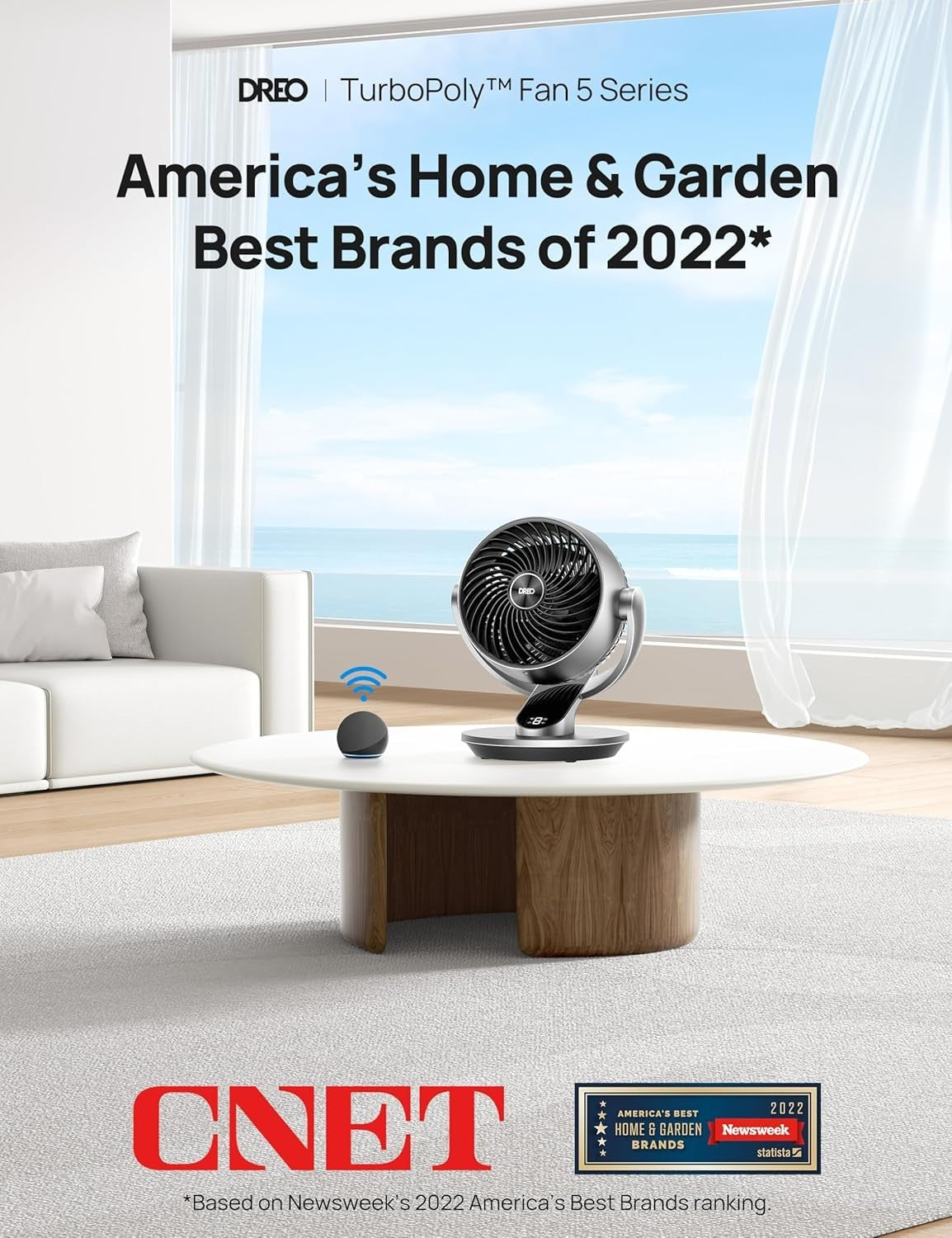 Smart Table Fan Silver Quiet 4-Speed Remote & App Control 7" Air Circulator
