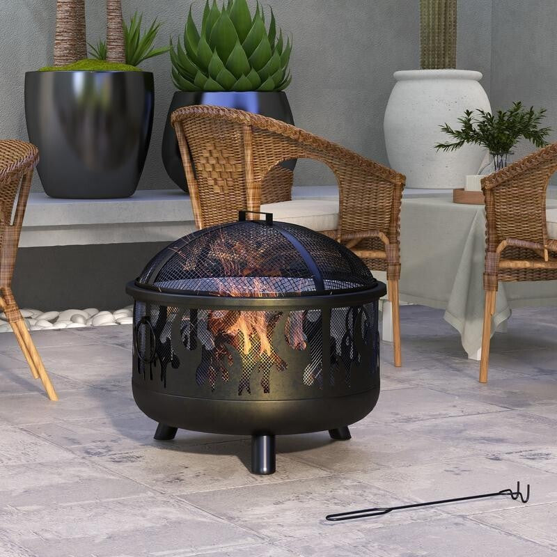 Large Steel Fire Pit BBQ with Mesh Lid & Poker – Safe Outdoor Heating