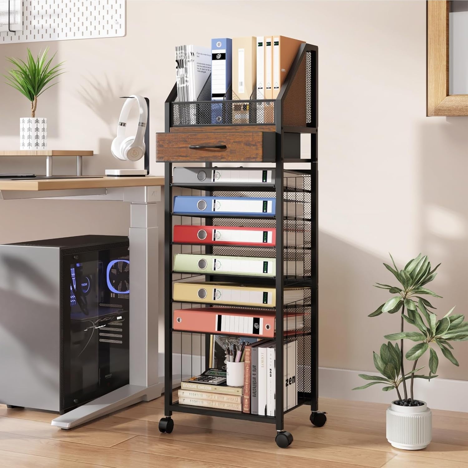 9 Tier Rolling File Cart Office Organizer Desk Storage with Drawer