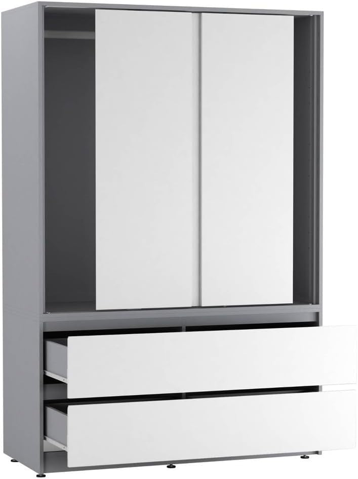 White Sliding Door Wardrobe with 4 Drawers & Hanging Rail – Space Saving