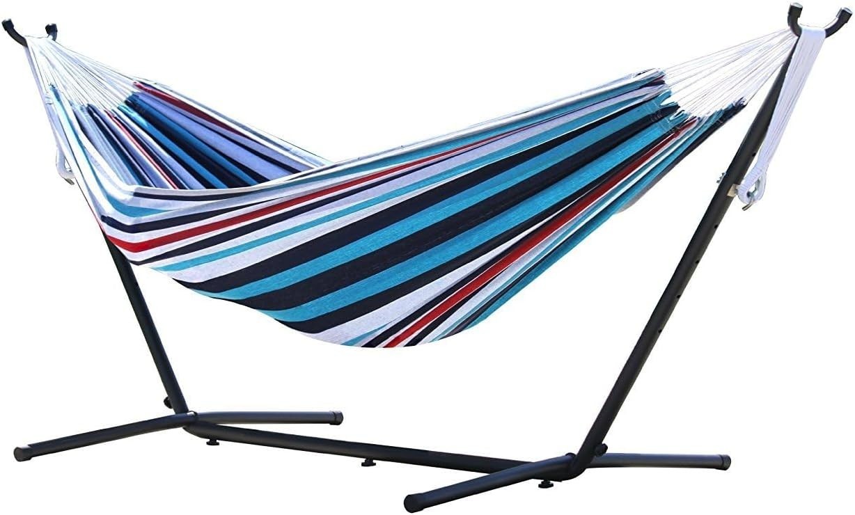 Double Cotton Hammock with Steel Stand 204kg Capacity Adjustable Indoor Outdoor