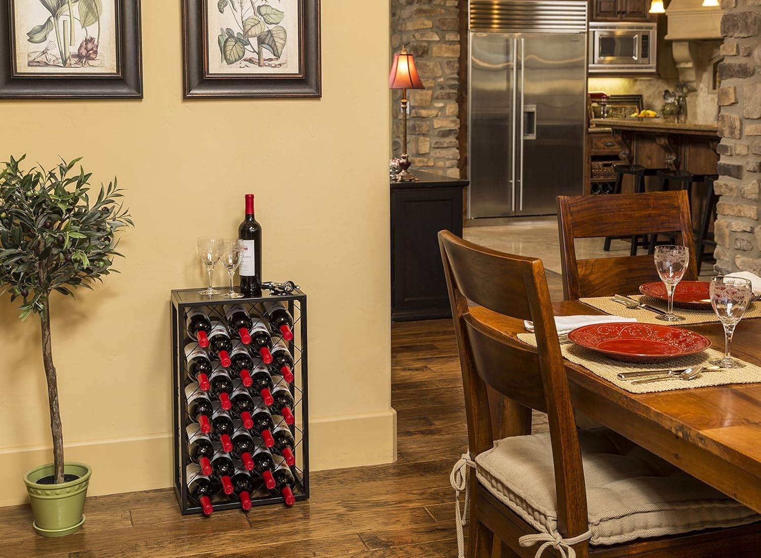 23 Bottle Metal Wine Rack with Glass Top Shelf Free Standing Black Kitchen Bar