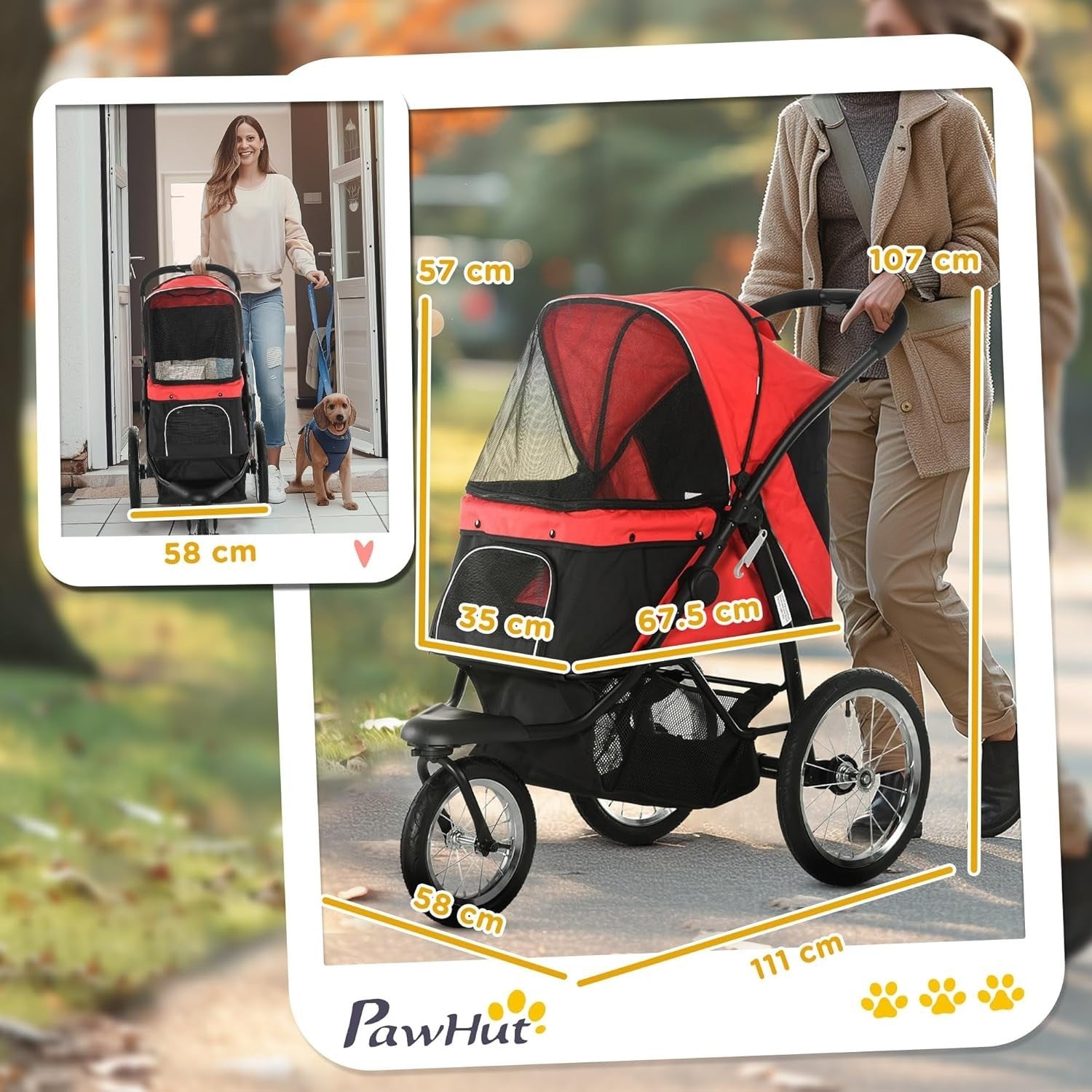 Foldable Dog Stroller Jogger for Small & Medium Pets up to 20kg, 3 Wheel