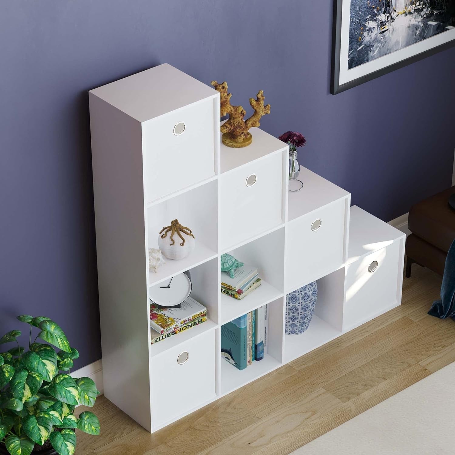 White 10 Cube Staircase Bookcase Storage Unit with 5 White Baskets – Modern