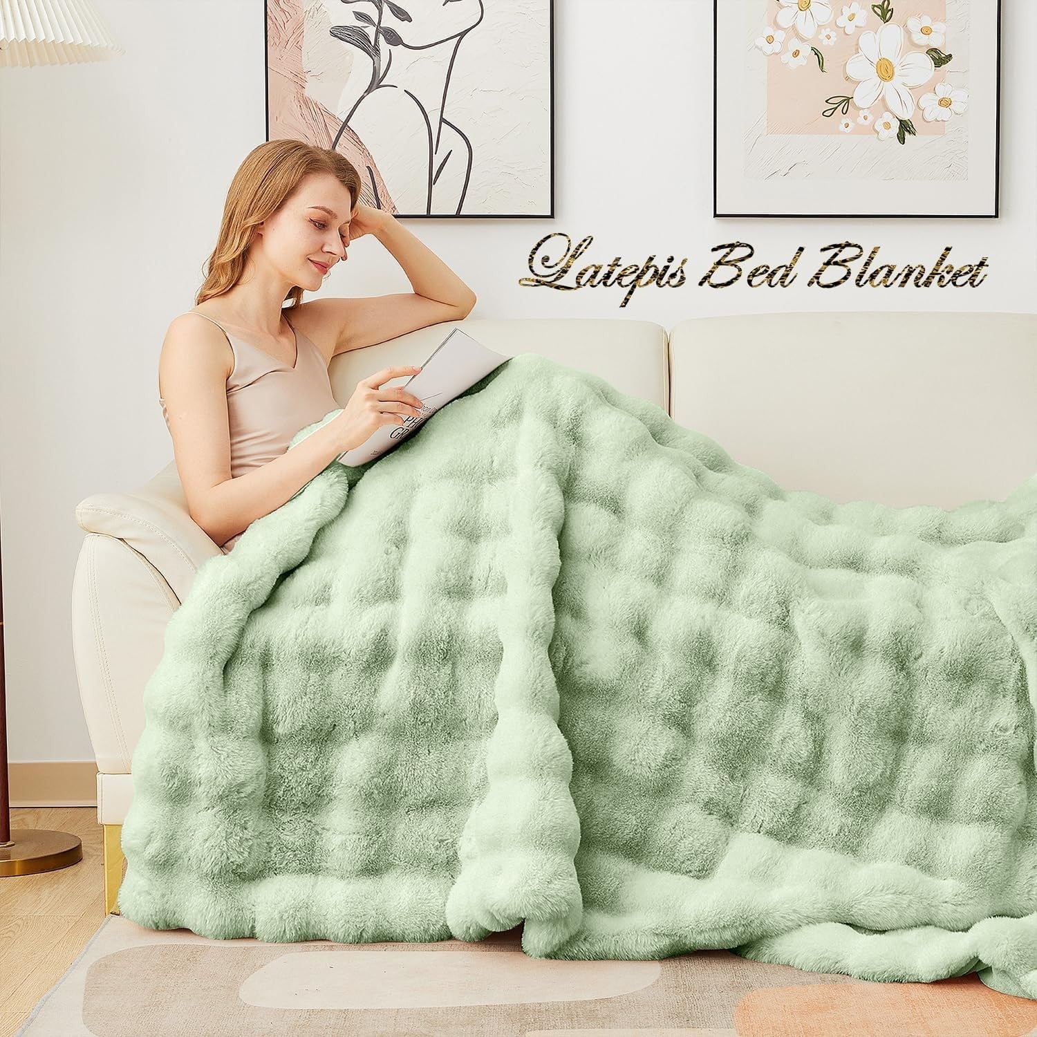 Luxury Sage Green Faux Fur Bubble Blanket Twin 152x203cm Super Soft Warm