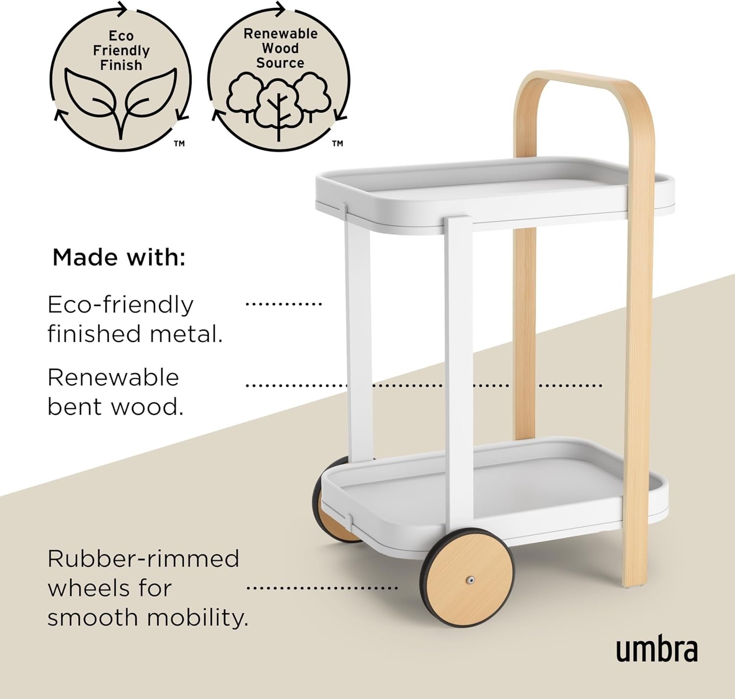 Luxury Bar Cart on Wheels 2 Tier White Serving Trolley Removable Tray