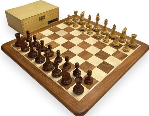 Luxury Acacia Chess Set 4" King with Velvet-Lined Storage Box & Extra Queens