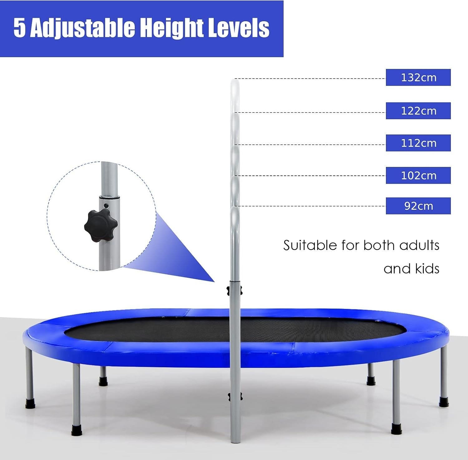 Oval Foldable Trampoline for Two Adjustable Handle Indoor Fitness 150KG