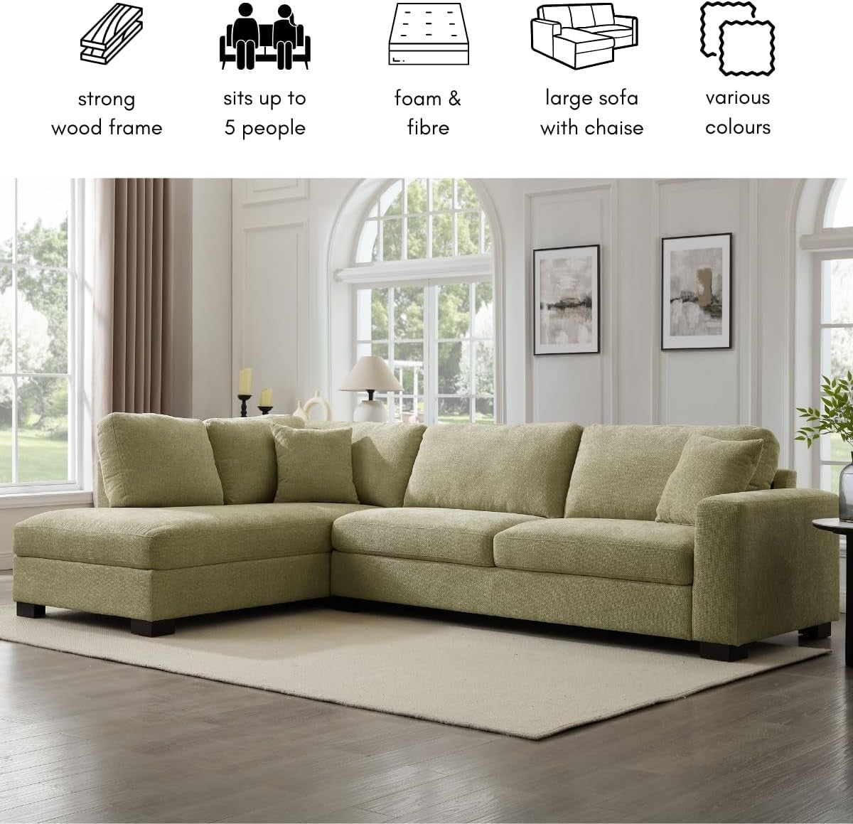 L-Shape Large Corner Sofa 5 Seater Sage Green Chenille Left Hand Facing