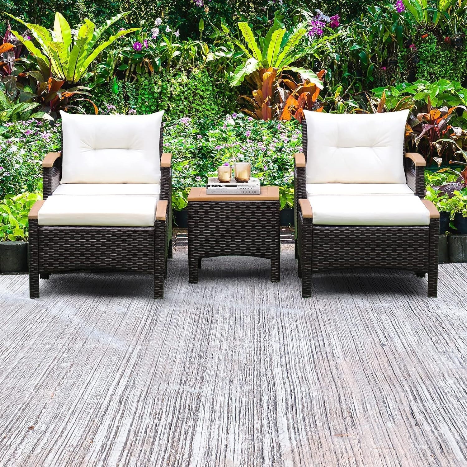 5-Piece Rattan Patio Lounge Set Reclining Chairs Ottomans Acacia Table