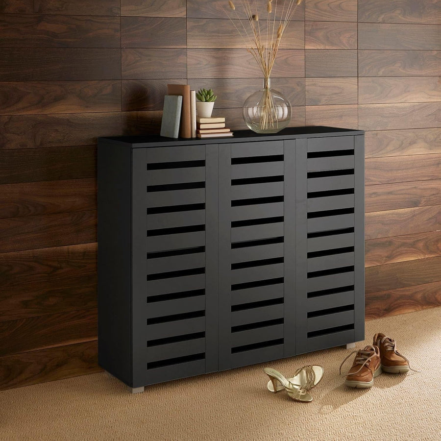3-Door Wooden Shoe Cabinet with 8 Shelves, 114x33.6x98.2 cm Black