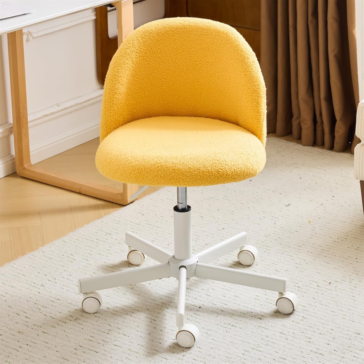 Cute Teddy Fleece Swivel Desk Chair – Adjustable Comfy Small Office Chair Yellow
