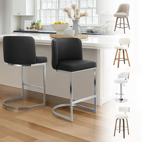 Modern Counter Bar Stools PU Leather With Back Steel Base Set Of 2