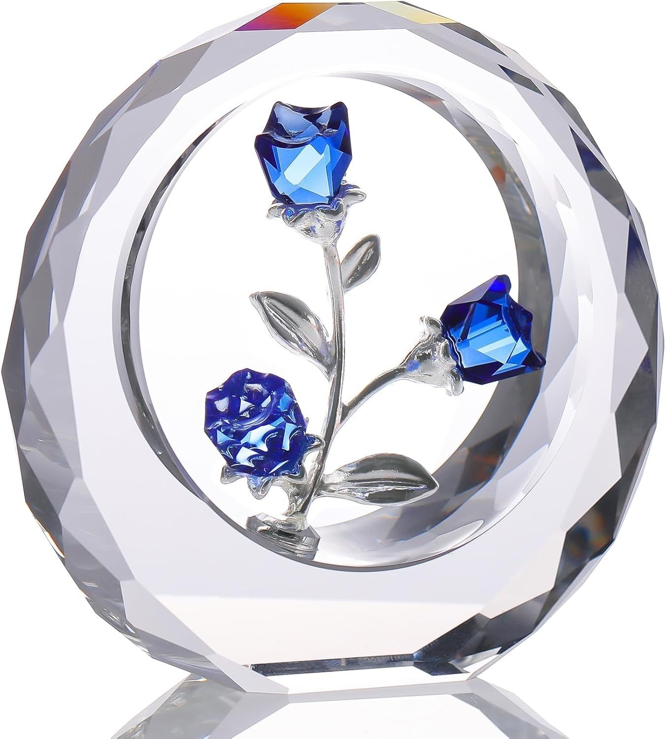 Blue Crystal Rose Bouquet Ornament • Glass Flower Figurine Gift for Women