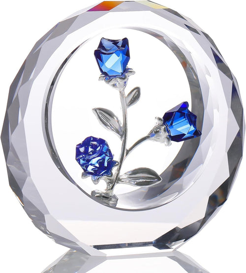 Blue Crystal Rose Bouquet Ornament • Glass Flower Figurine Gift for Women
