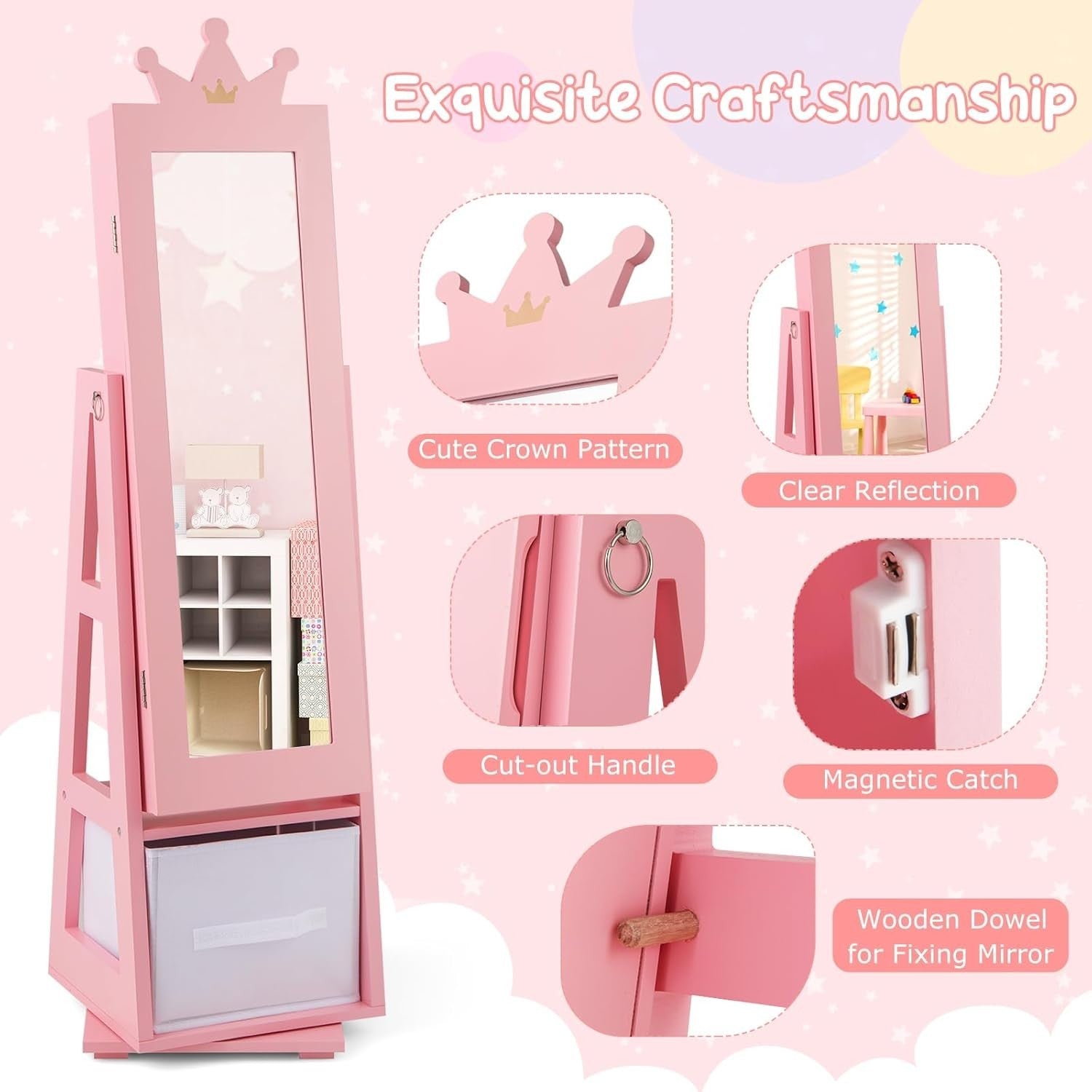 Kids 360° Swivel Jewelry Cabinet Mirror Organizer with Anti Tip Base