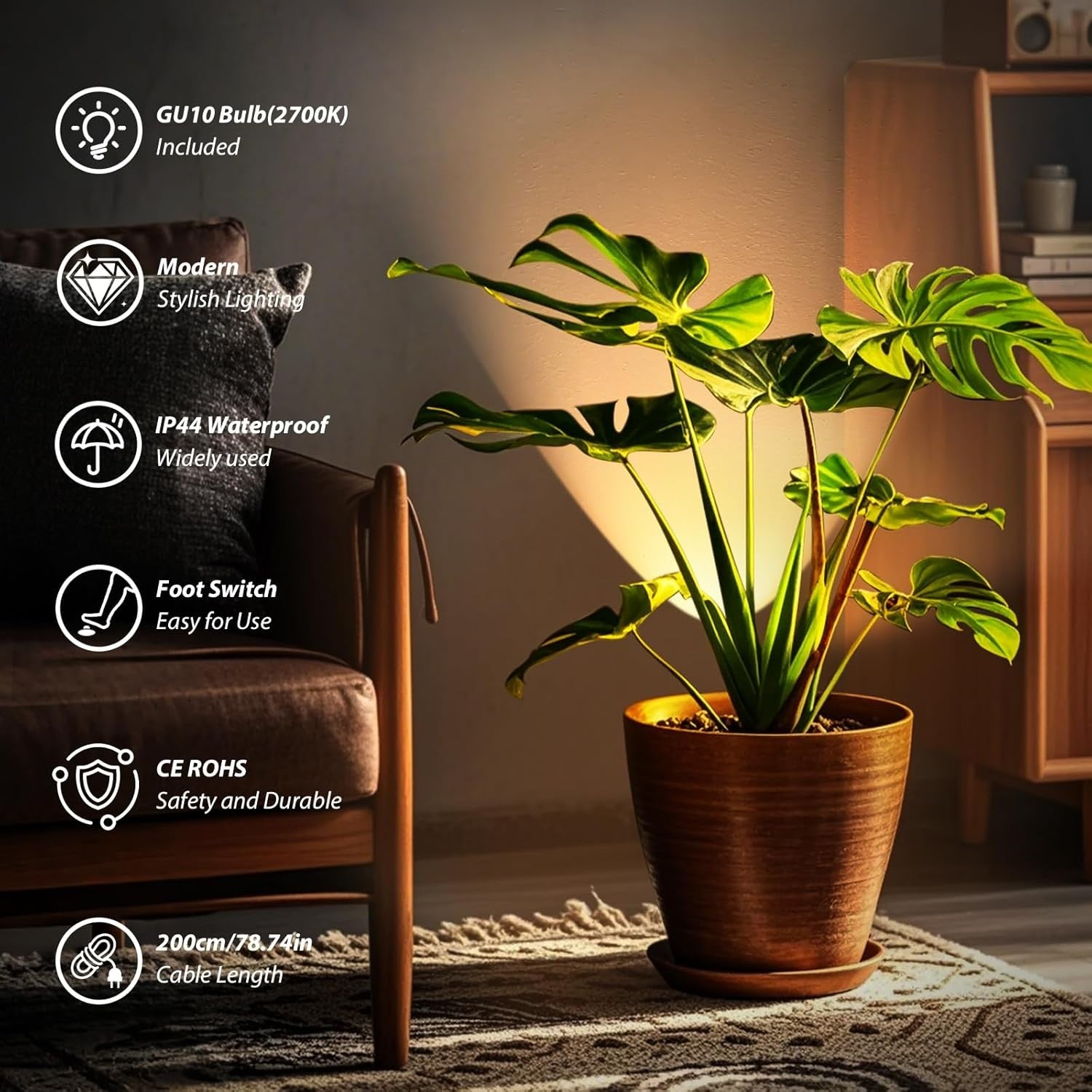 LED Uplight Floor Lamp IP44 Waterproof 6W Warm White GU10 Foot Switch