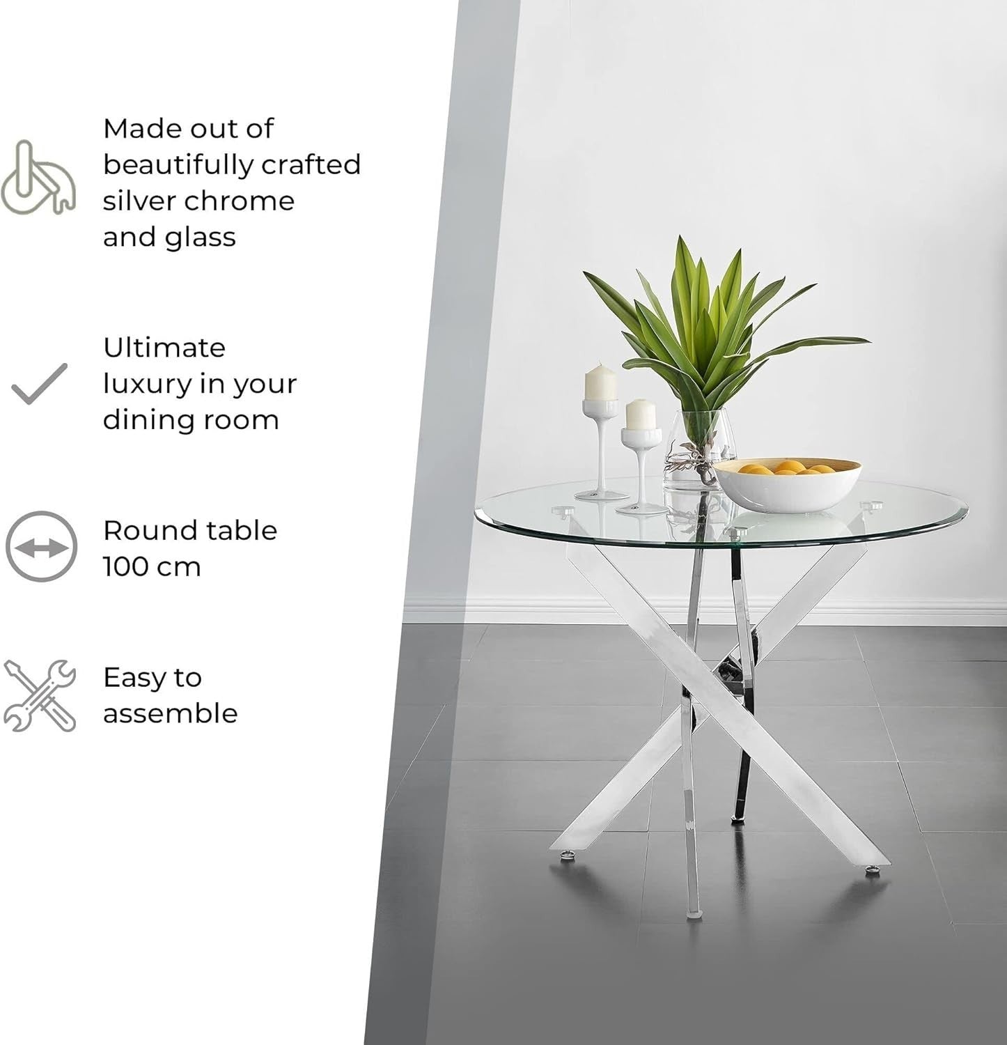Modern 100cm Round Glass Dining Table with Chrome Cross Legs – Compact
