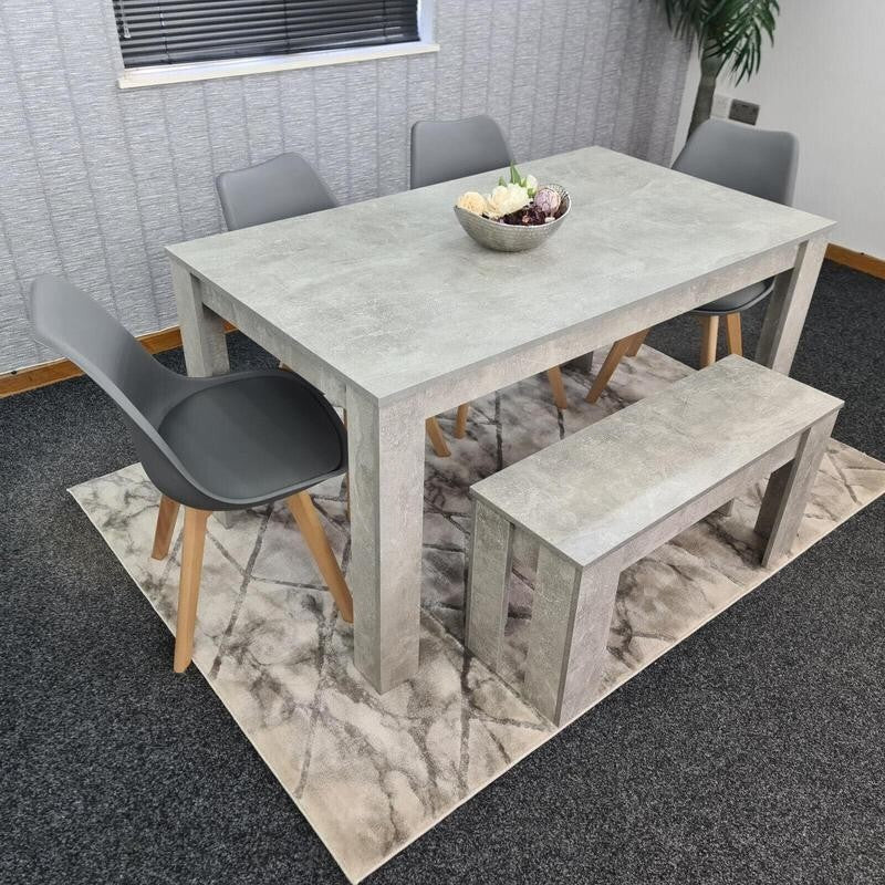 Stone Grey Dining Table Set with 4 Grey Chairs & Bench, 6 Seater Kitchen