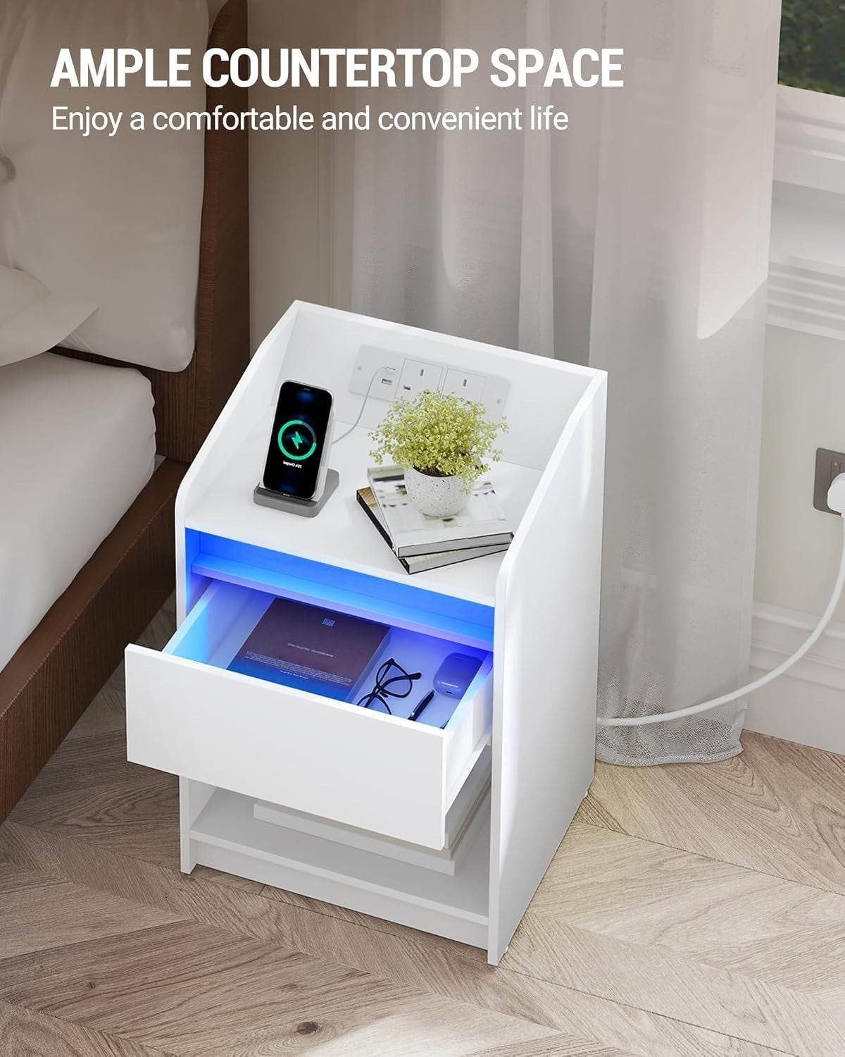 Set of 2 LED Bedside Tables with Charging Ports – White Nightstands with Drawer