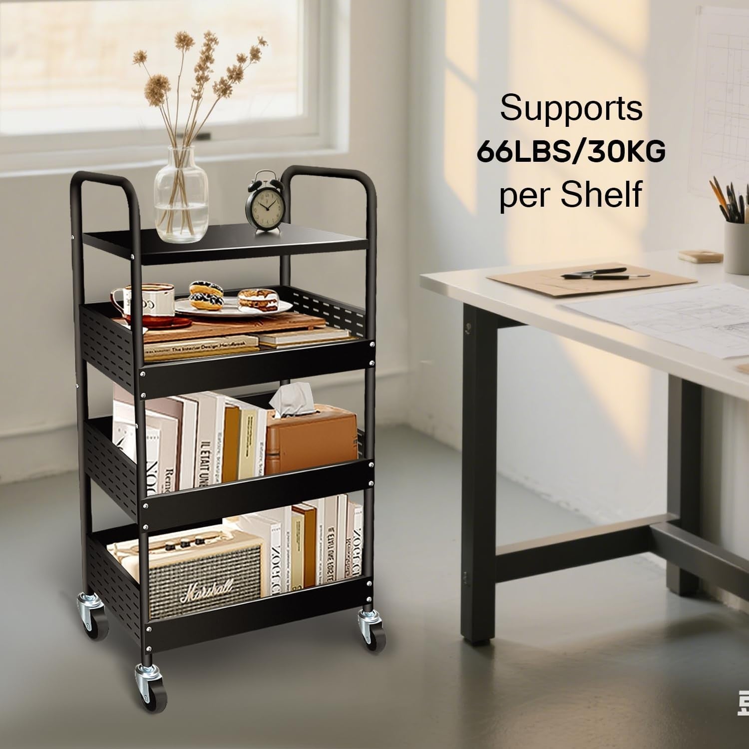 4 Tier Rolling Utility Cart Heavy Duty Metal Storage Organizer Black