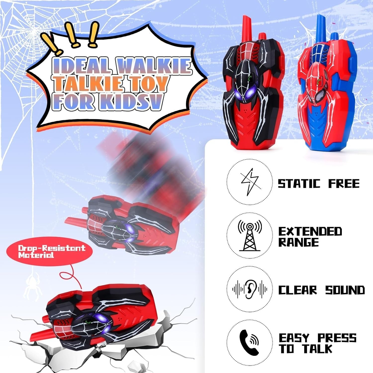 Kids Spider Walkie Talkies 2 Pack 8 Channel 300M Range Outdoor Toy