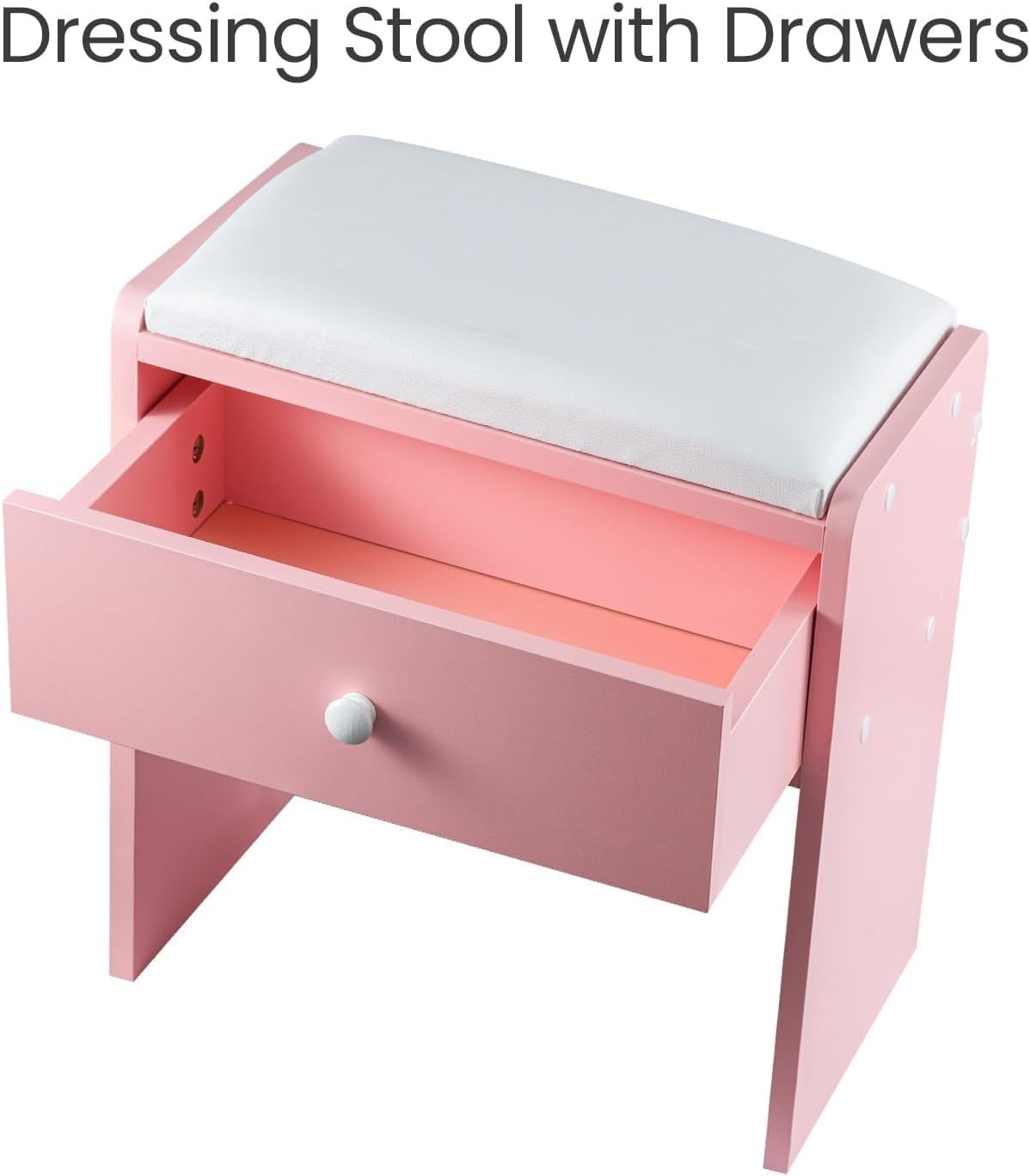 Pink Padded Vanity Stool with Drawer – Comfortable Makeup Stool for Bedroom