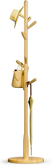 Natural Wood Coat Rack 8 Hooks Round Base Freestanding Hall Tree Stand