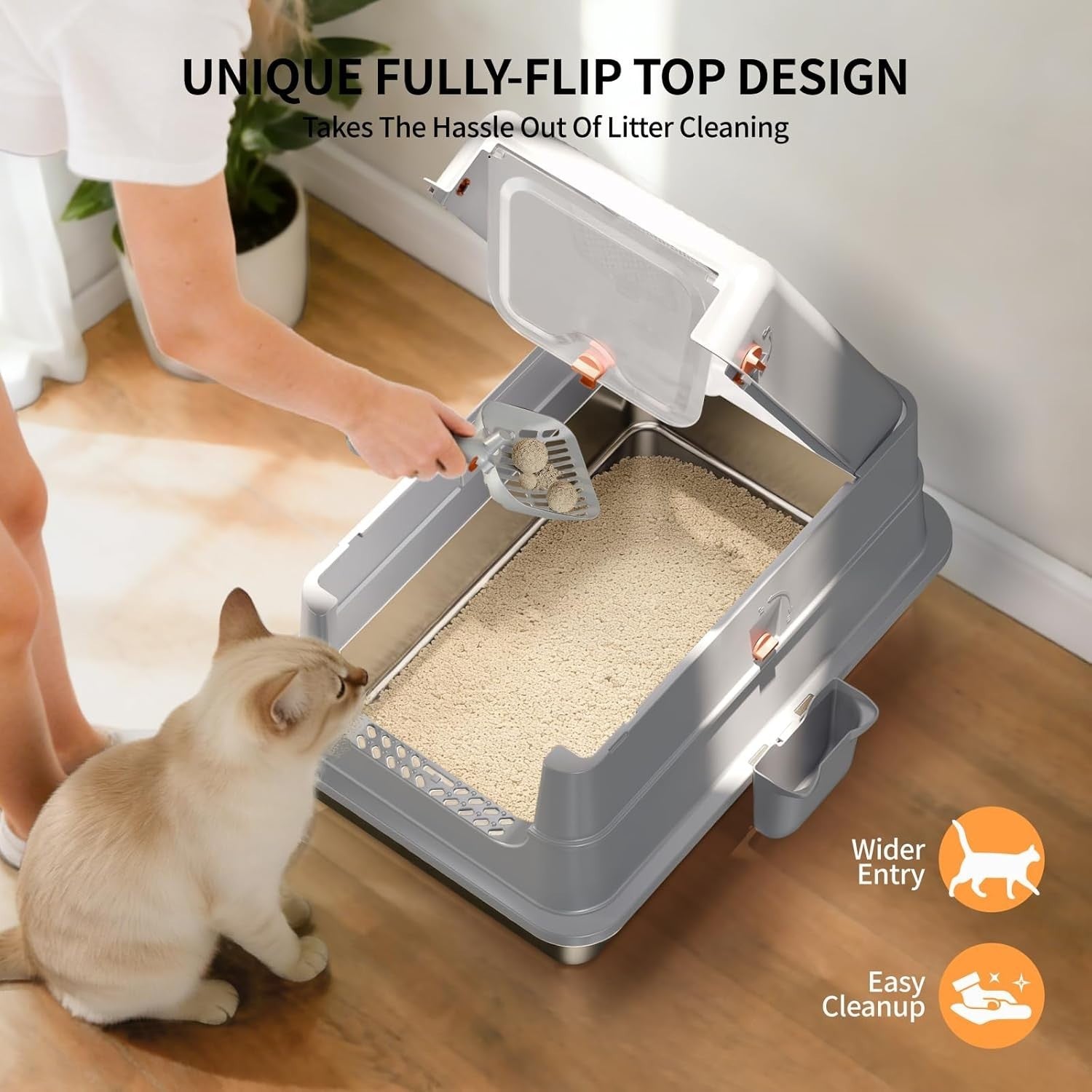 XL Stainless Steel Cat Litter Box Covered Leak Proof Odor Control Grey