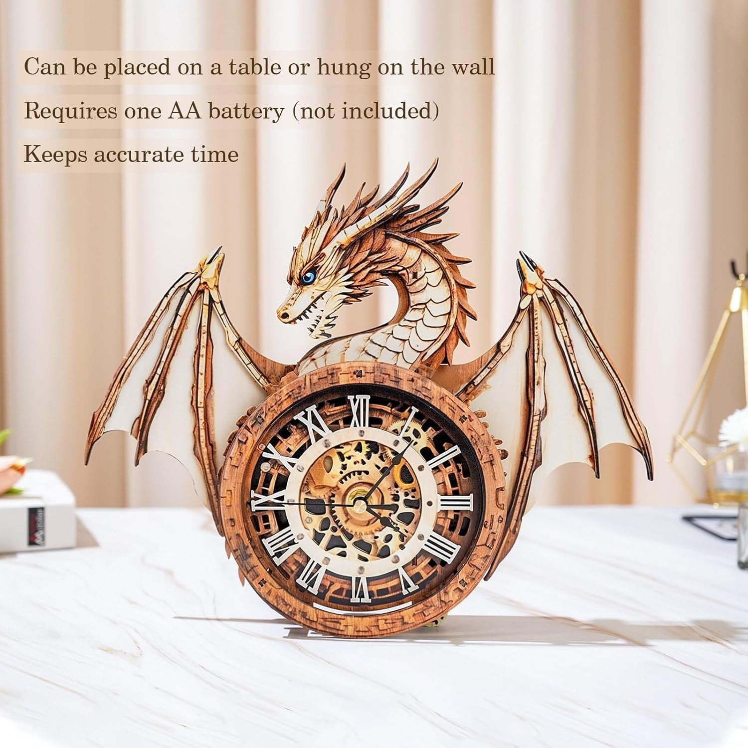3D Dragon Clock Puzzle Wooden Wall Art Timepiece DIY Decor Gift